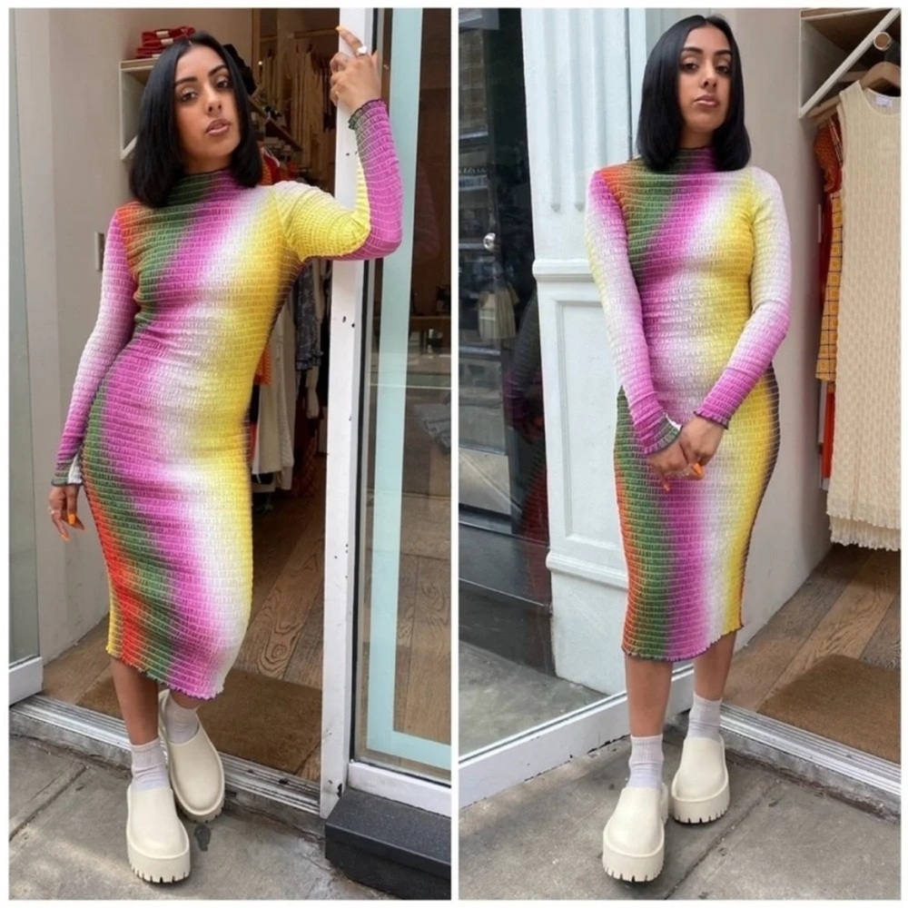 Tyler McGillivary Lucia Smocked Midi Dress Rainbow Gradient